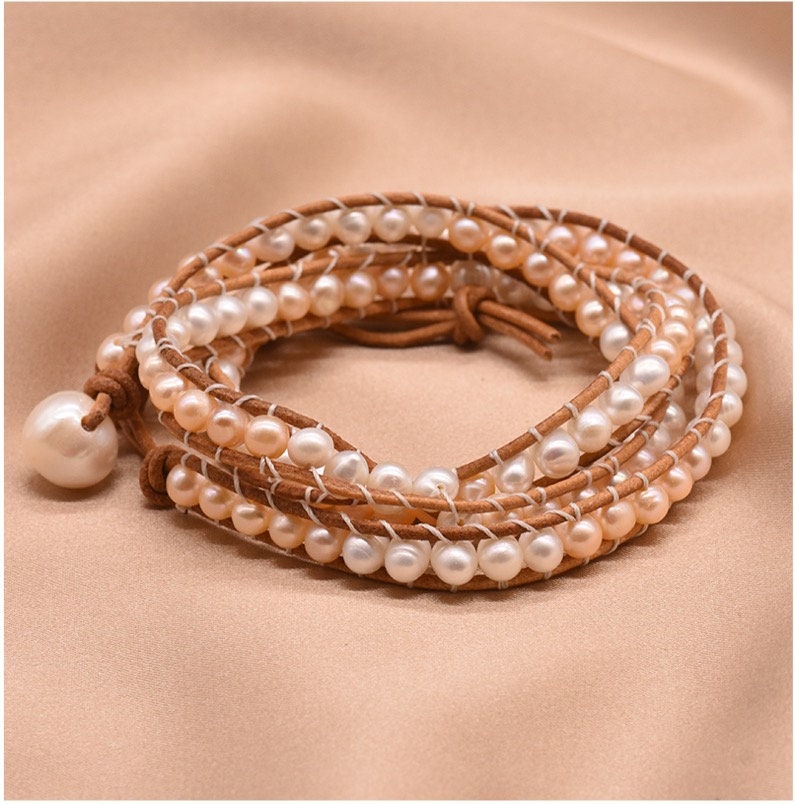 Natural Fresh Water Pearl with Genuine Leather Strand Bracelet