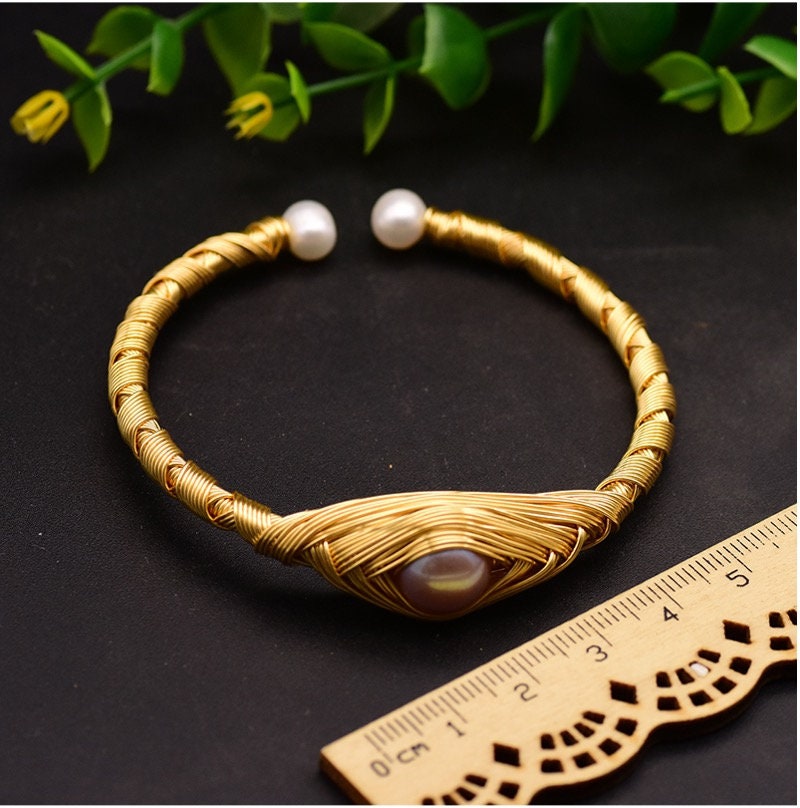 Natural Fresh Water Purple Pearl Adjustable Eye Bangle Cuff Bracelet