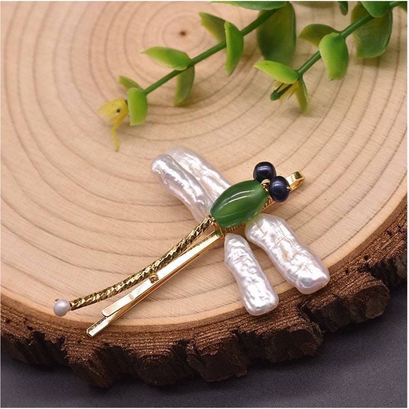Dragonfly Hairpin with Pure Natural Fresh Water Pearl and Jade with 18K Gold Plated pin