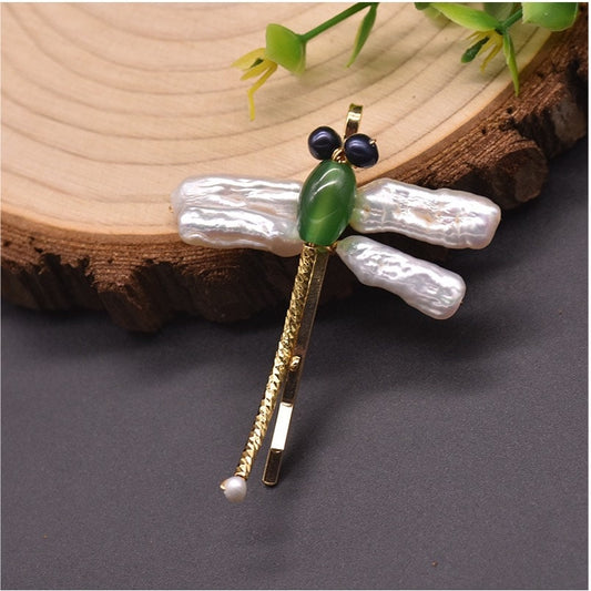 Dragonfly Hairpin with Pure Natural Fresh Water Pearl and Jade with 18K Gold Plated pin