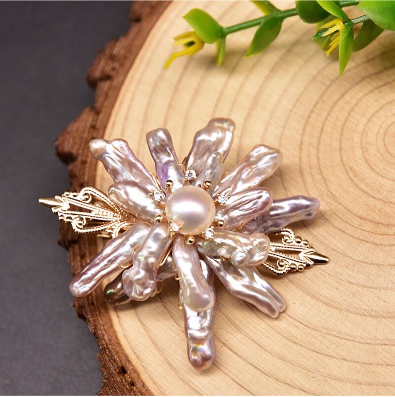 Natural Freshwater Baroque Pink Purple Pearl Floral HairPin