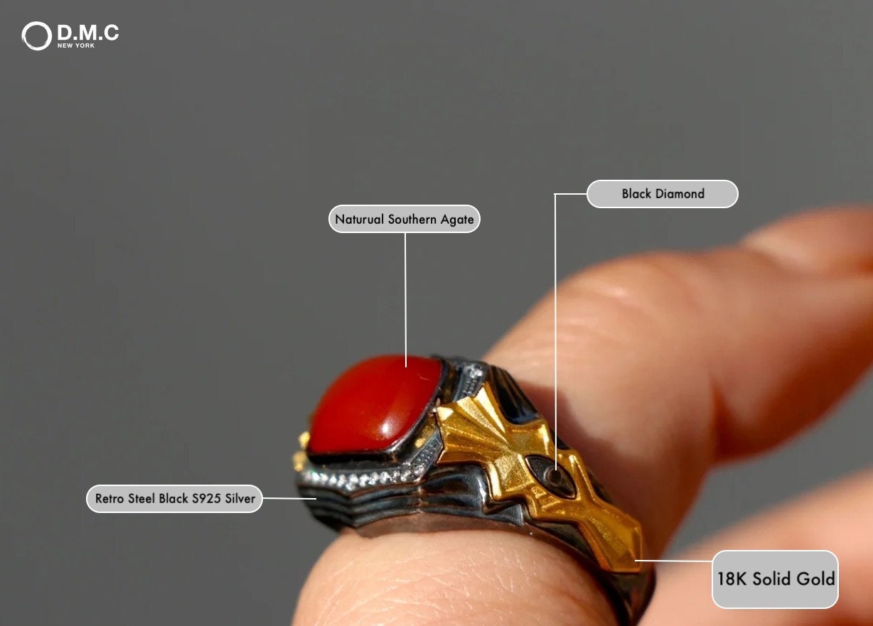 Royal Engagement Ring with 18K Gold Red Southern Agate and Black Diamonds