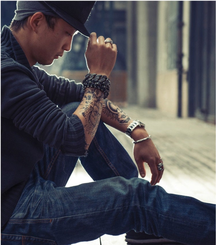 Vintage Stainless Steel Skull and Leather Biker bracelet