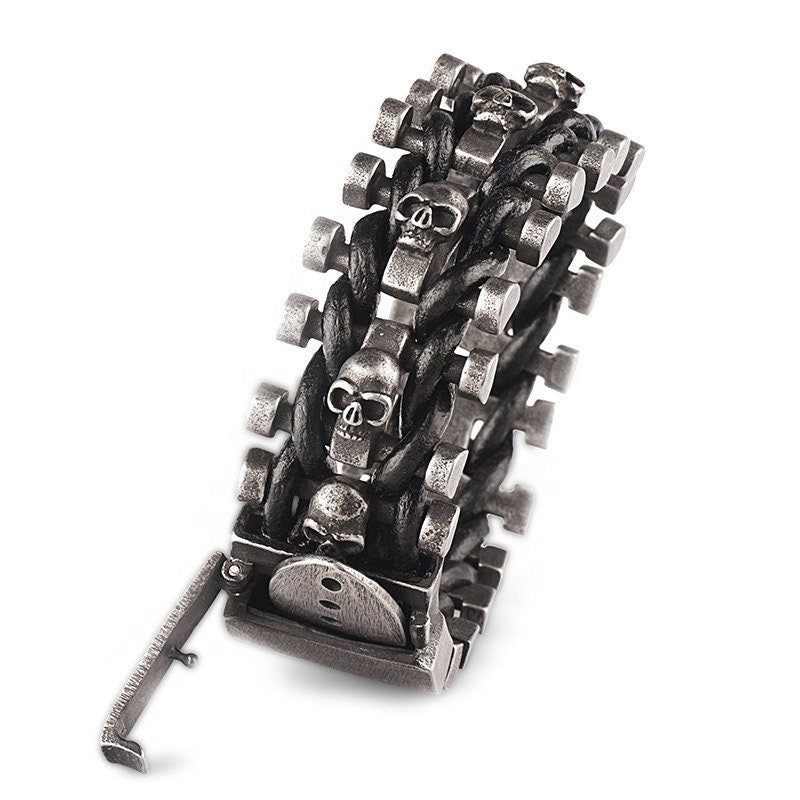 Vintage Stainless Steel Skull and Leather Biker bracelet
