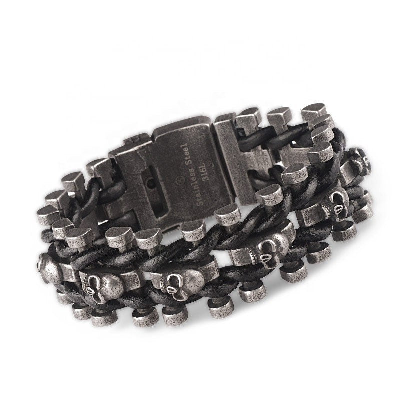 Vintage Stainless Steel Skull and Leather Biker bracelet
