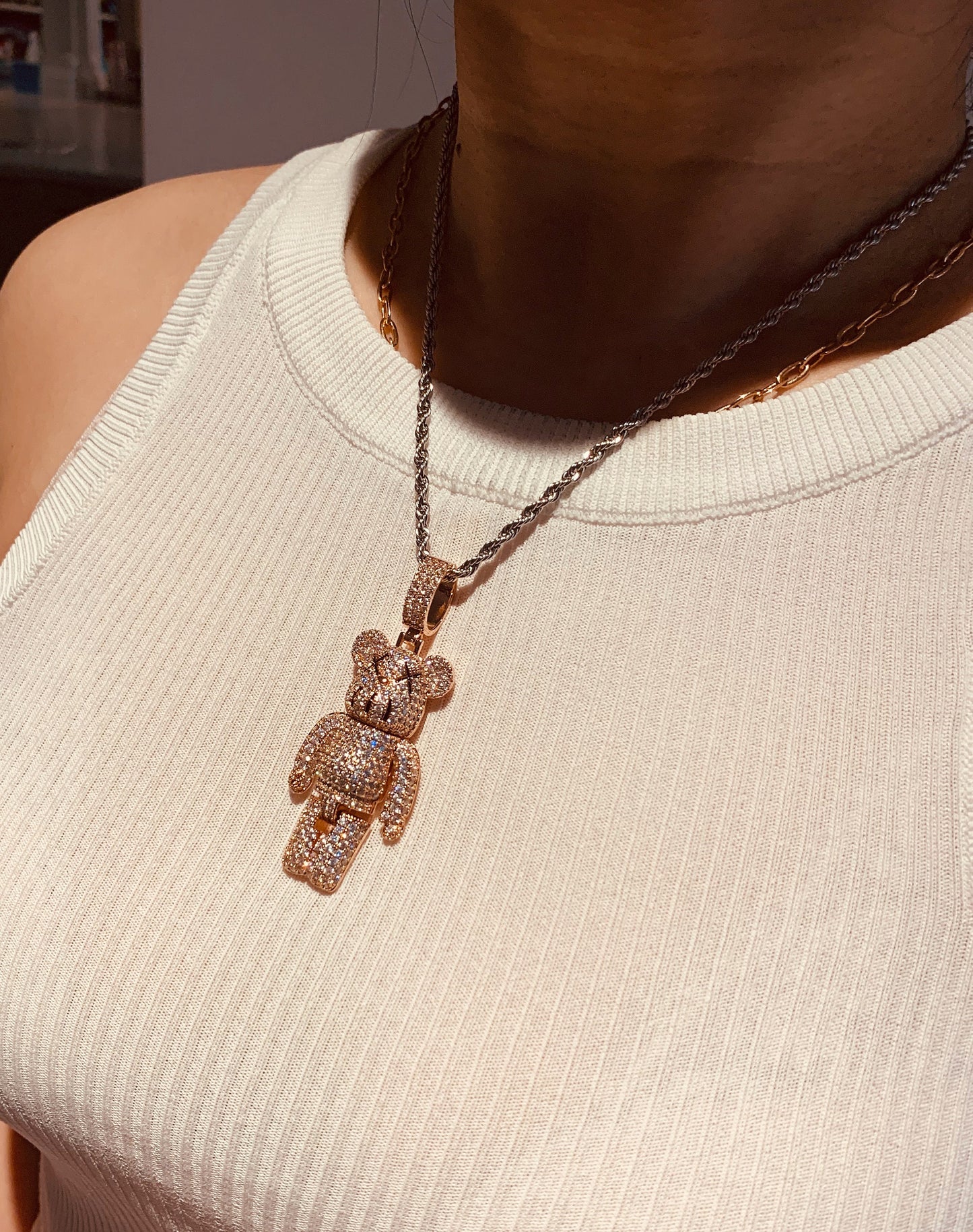 Handmade 14K gold plated KAWS pendant necklace key fob Iced-out