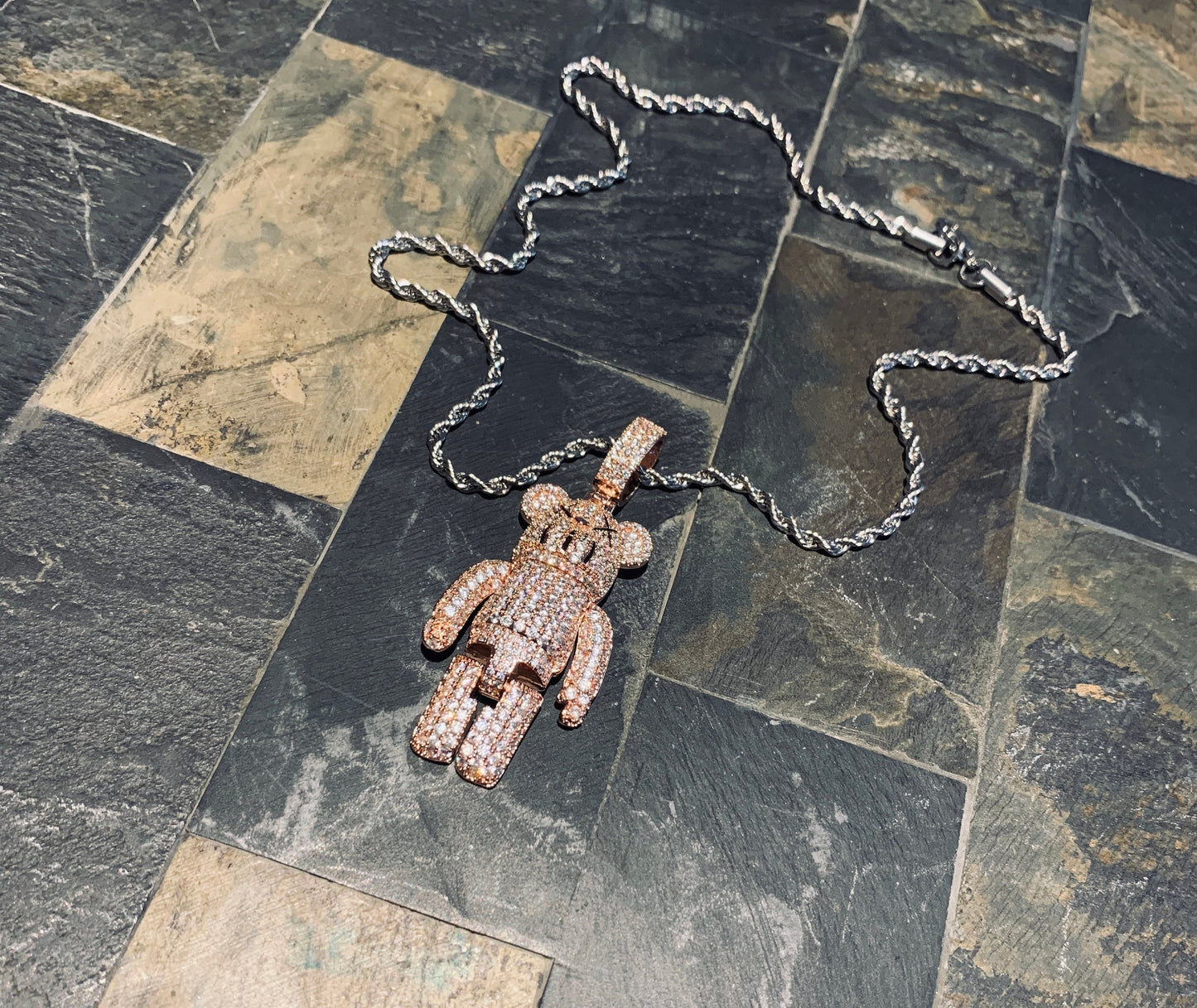 Handmade 14K gold plated KAWS pendant necklace key fob Iced-out