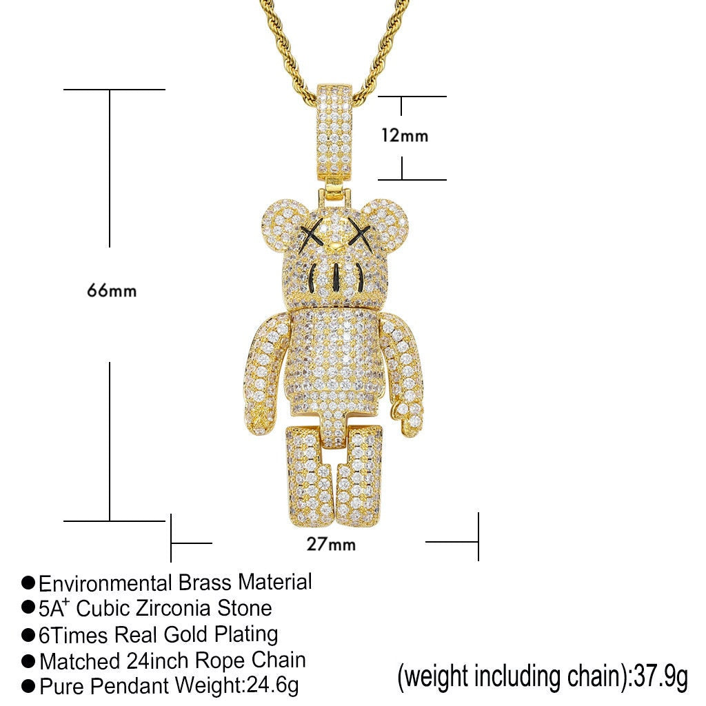 Handmade 14K gold plated KAWS pendant necklace key fob Iced-out