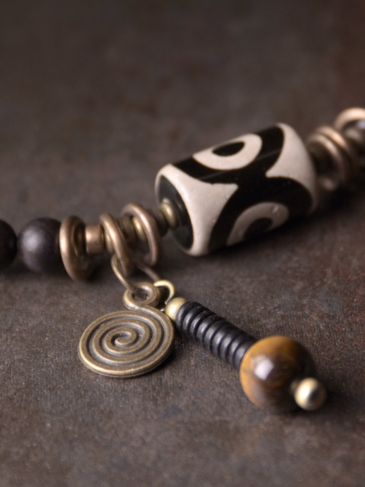 Tibetan Pyu Dzi Multilayer Bracelet with Natural Sandalwood Tiger Eye Stone and Retro Brass