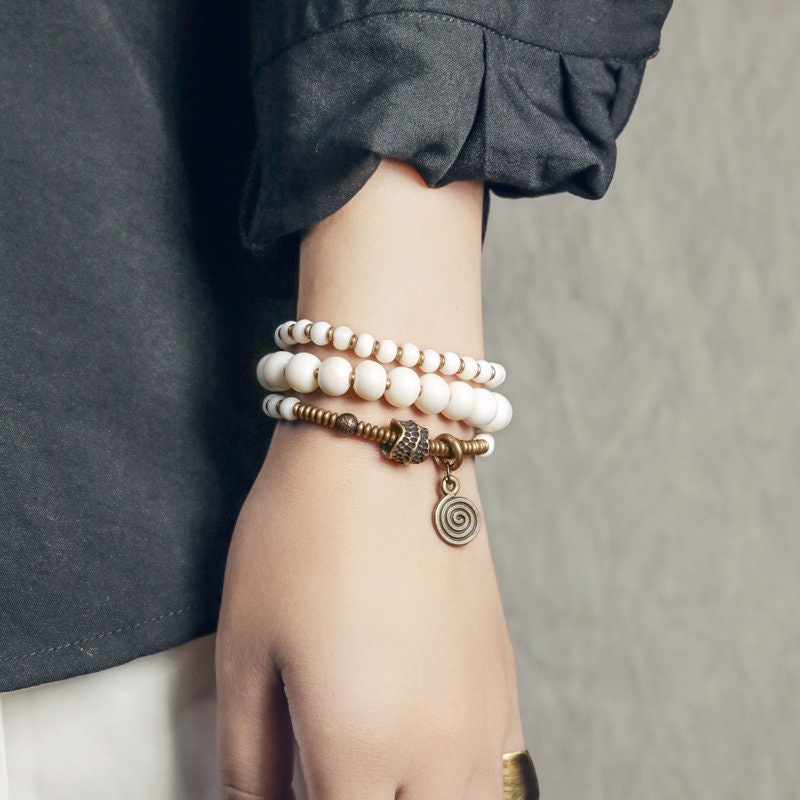 Genuine Tibetan Deer Bone Multilayer Bracelet Set with Retro Hammered Brass
