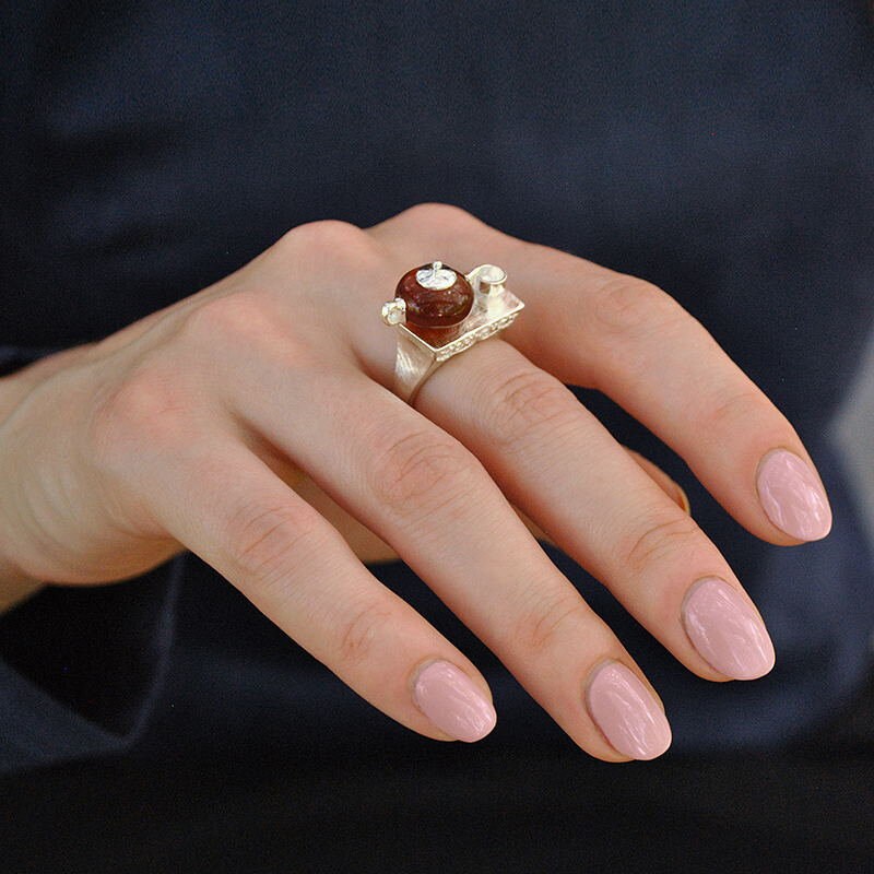 Vintage design 925 silver Cute Teapot amber gemstone ring