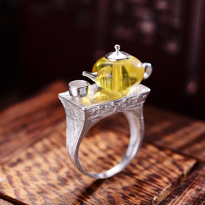 Vintage design 925 silver Cute Teapot amber gemstone ring