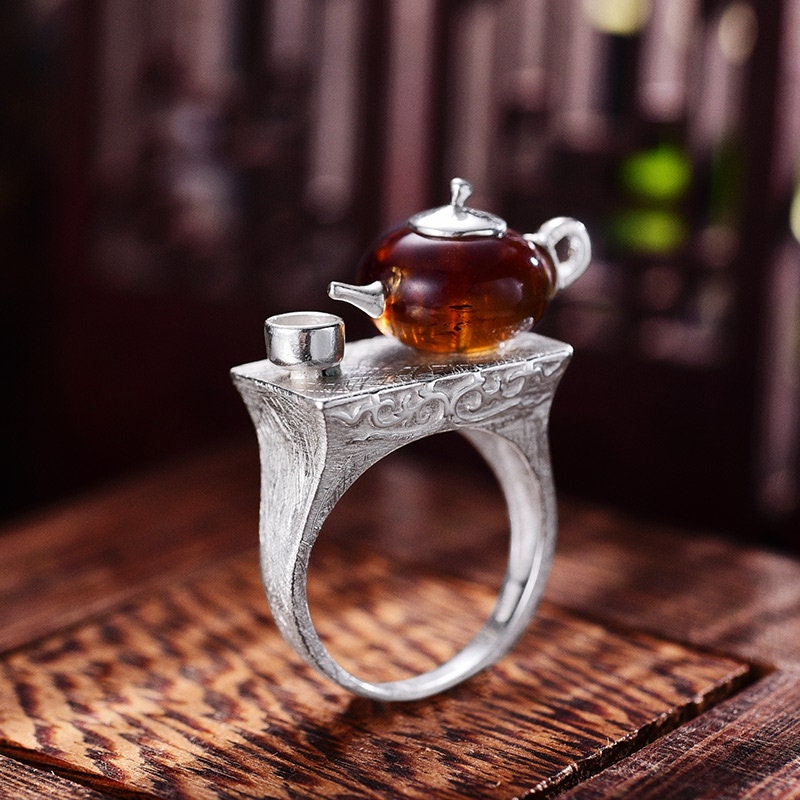 Vintage design 925 silver Cute Teapot amber gemstone ring
