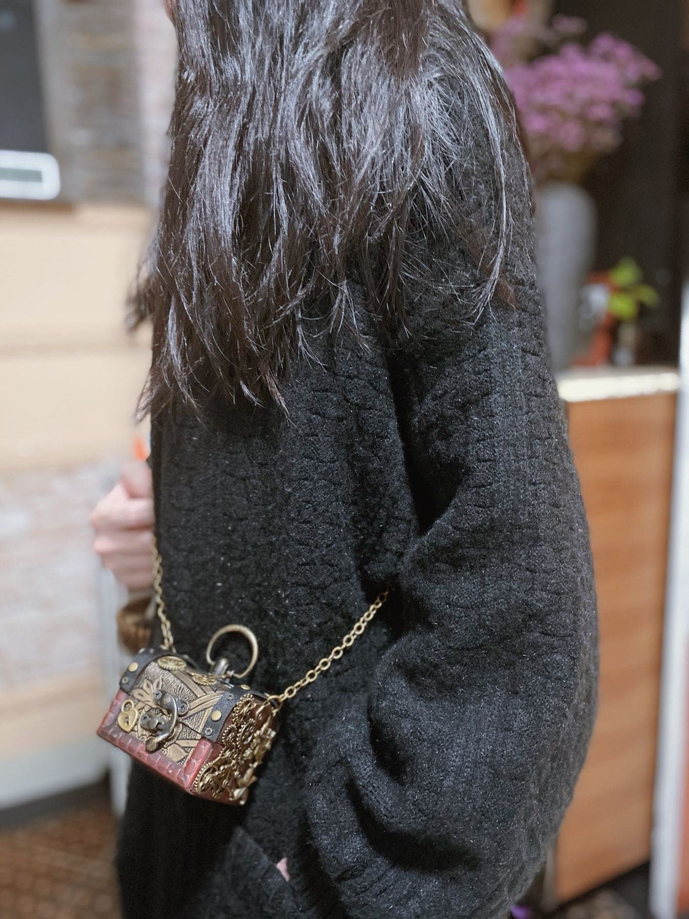Steampunk handmade solid wood crossbody mini bag wine color
