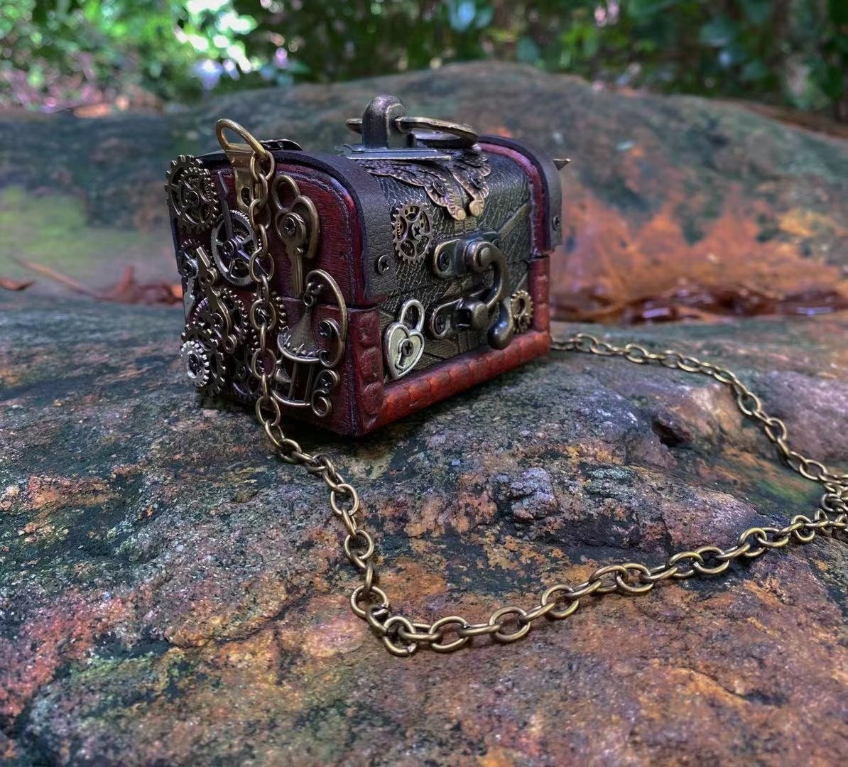 Steampunk handmade solid wood crossbody mini bag wine color