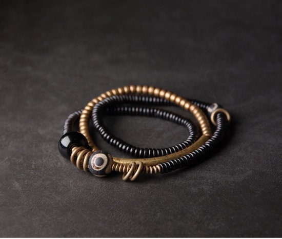 Tibetan Pyu Dzi Multilayer Bracelet Set with Natural Sandalwood Agate and Retro Brass
