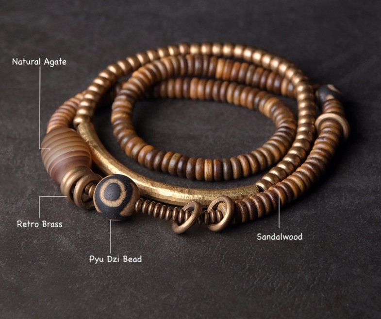 Tibetan Pyu Dzi Multilayer Bracelet Set with Natural Sandalwood Agate and Retro Brass