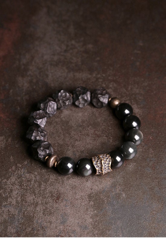 Natural Black Sandalwood Obsidian Retro Brass Tibetan Bracelet