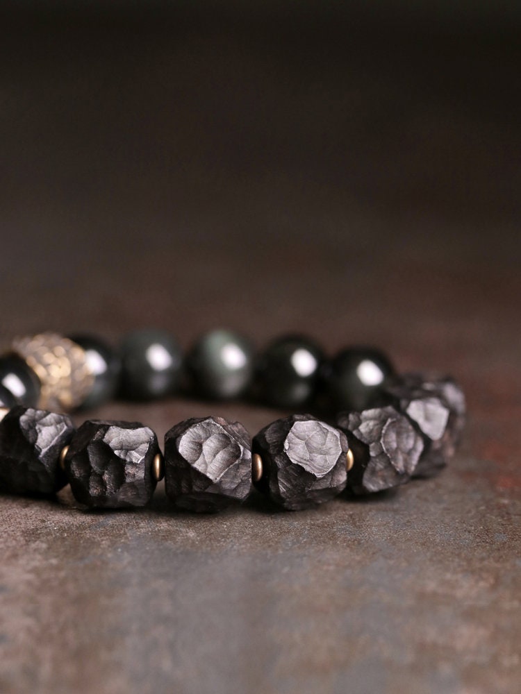Natural Black Sandalwood Obsidian Retro Brass Tibetan Bracelet
