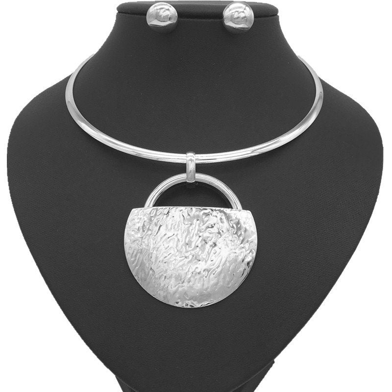 18K Gold Plated Big Fan Geometric Choker Necklace Earrings Jewelry Set