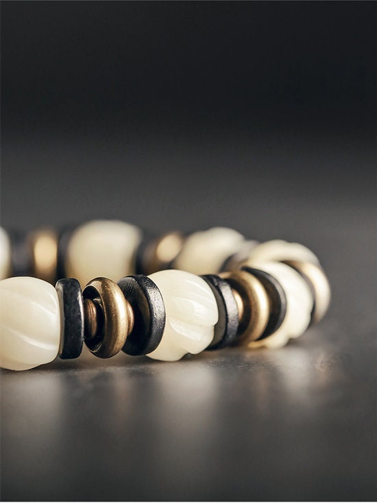 Tibetan Pyu Dzi Bracelet with White Camel Bone Bead Black Sandalwood and Retro Brass