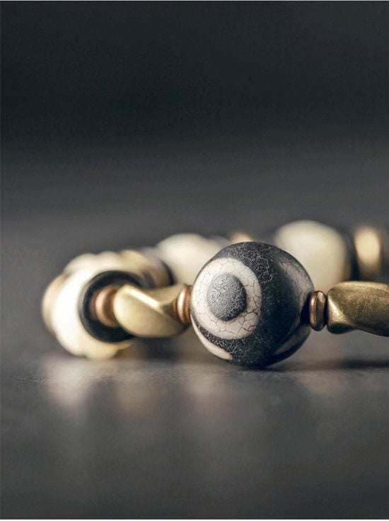 Tibetan Pyu Dzi Bracelet with White Camel Bone Bead Black Sandalwood and Retro Brass
