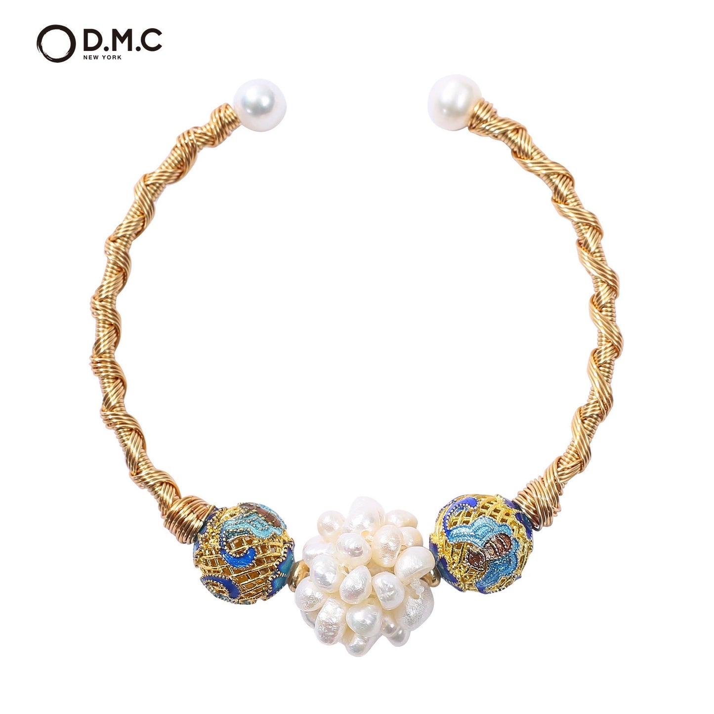 Natural Fresh Water Floral Pearl Bangle Bracelet 18K Gold Plated with Cloisonné Globular