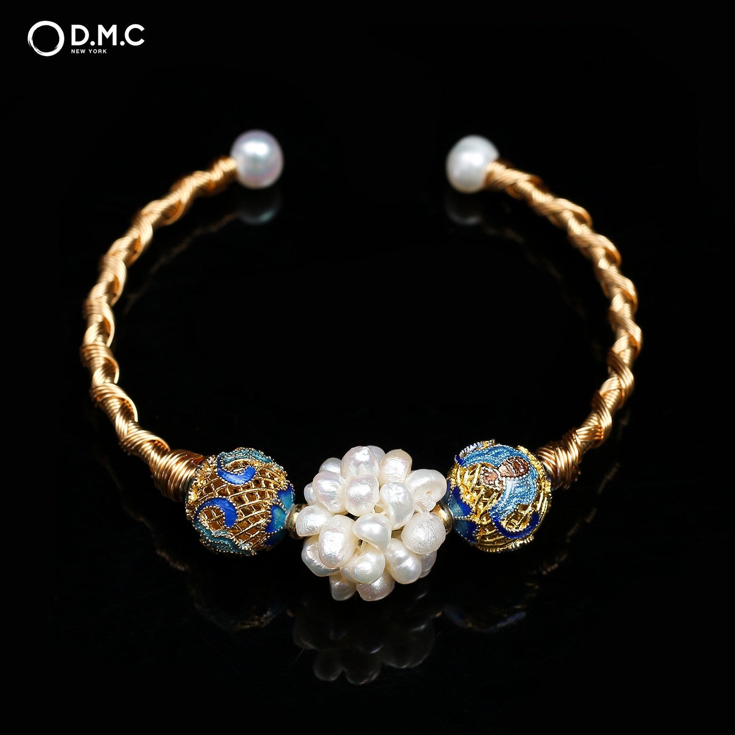 Natural Fresh Water Floral Pearl Bangle Bracelet 18K Gold Plated with Cloisonné Globular