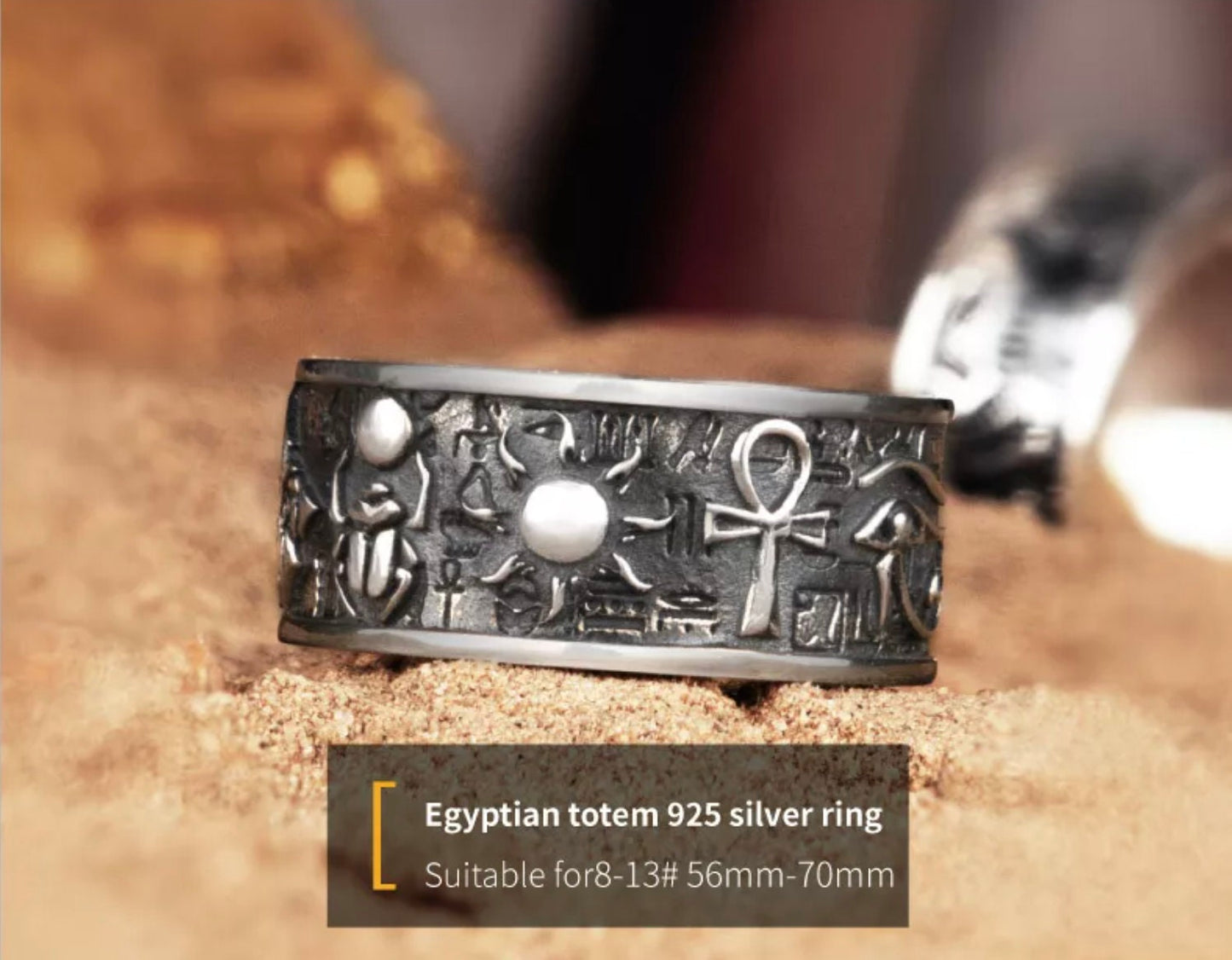 925 Silver Embossed Egyptian Gods Horus Anubis Pharaoh Retro Silver Ring