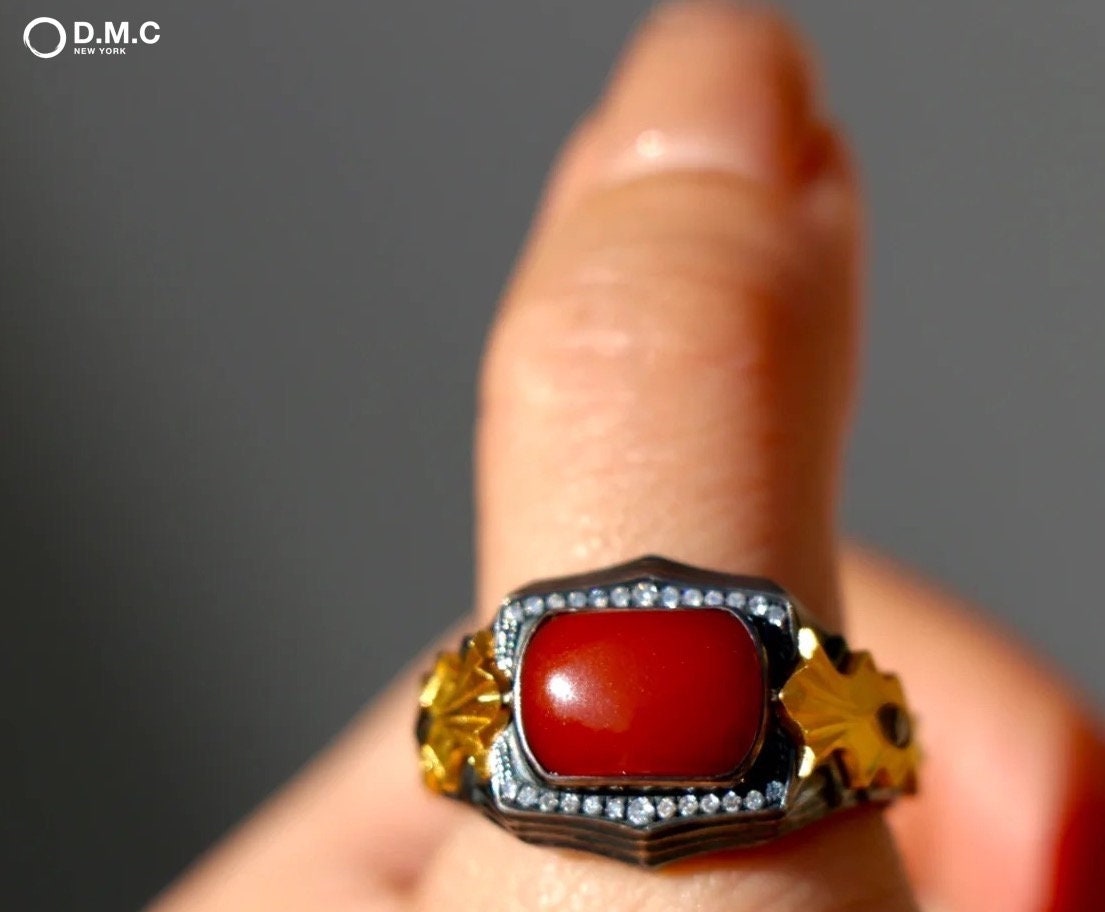 Royal Engagement Ring with 18K Gold Red Southern Agate and Black Diamonds