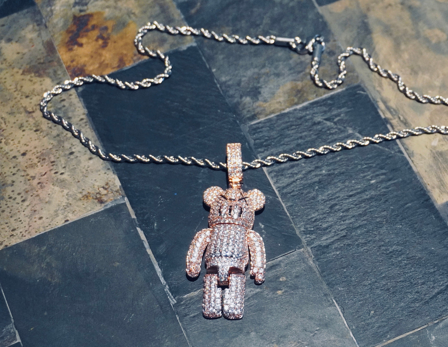 Handmade 14K gold plated KAWS pendant necklace key fob Iced-out