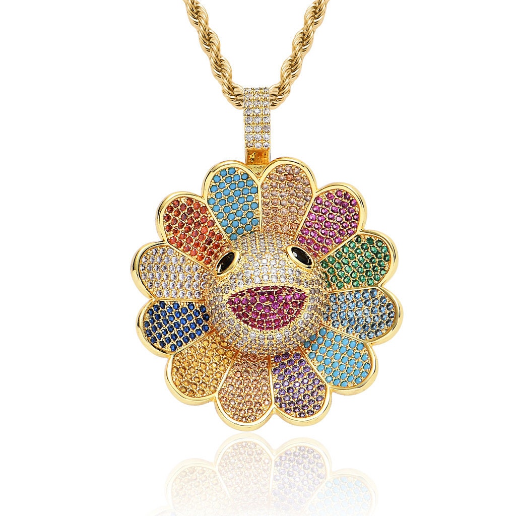 Spinning Takashi Murakami sunflower Art Iced-out necklace key fob