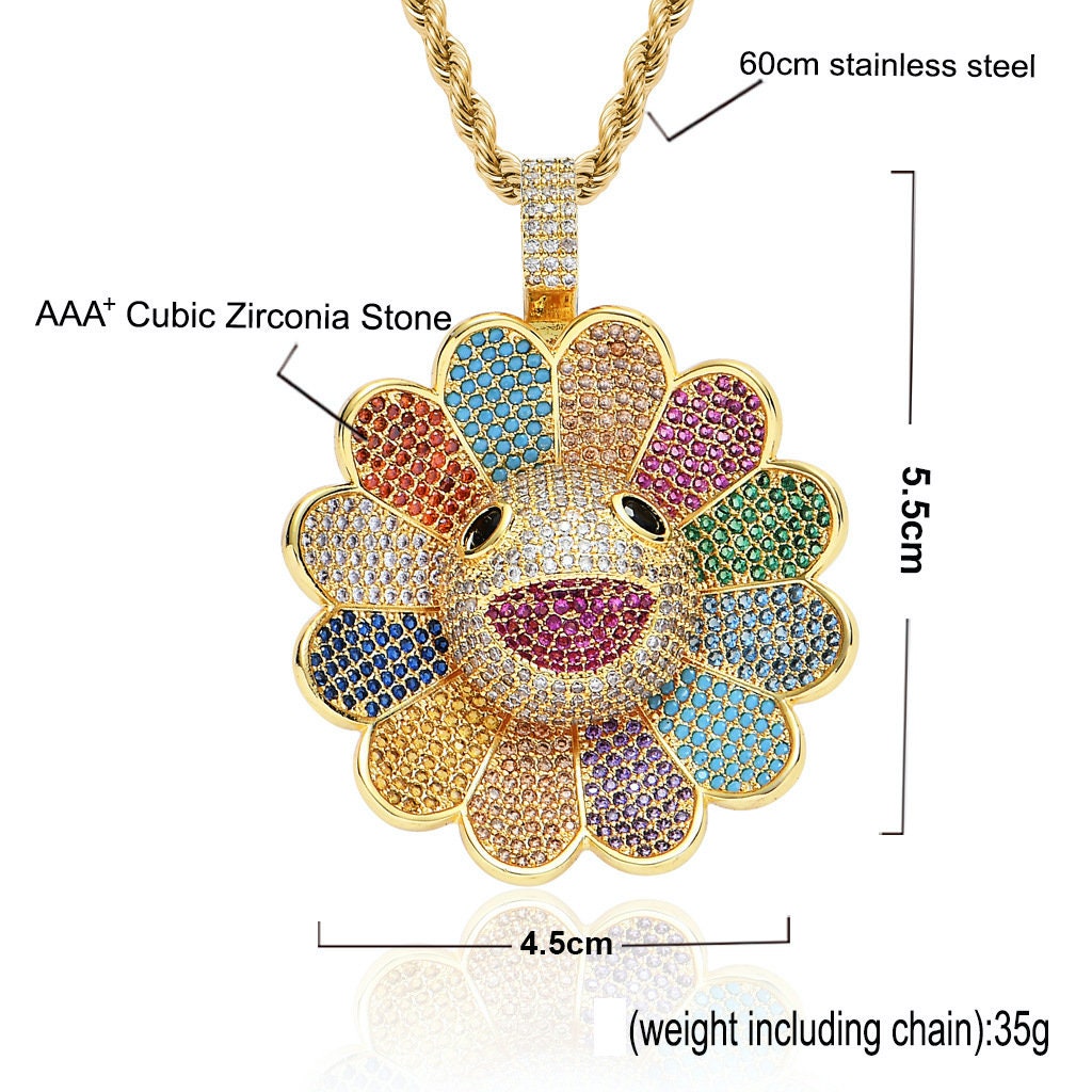 Spinning Takashi Murakami sunflower Art Iced-out necklace key fob