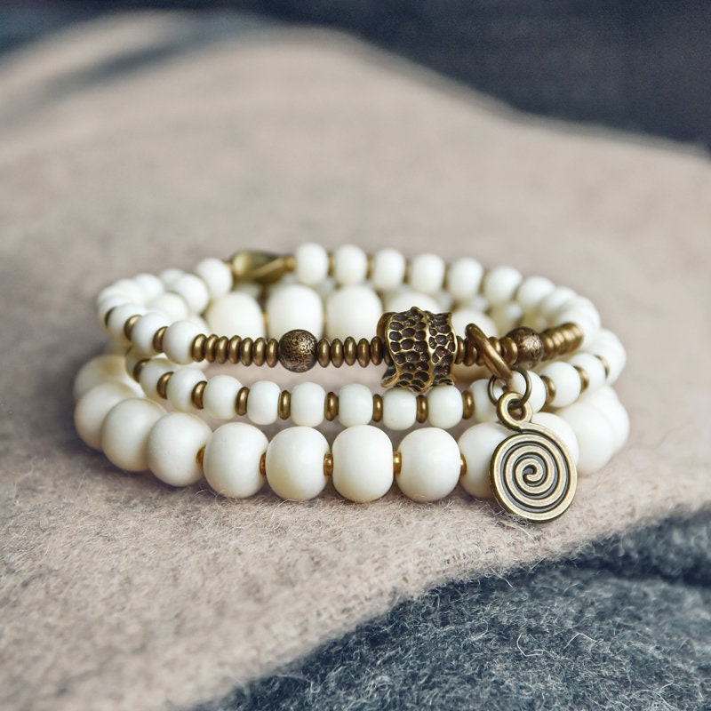 Genuine Tibetan Deer Bone Multilayer Bracelet Set with Retro Hammered Brass