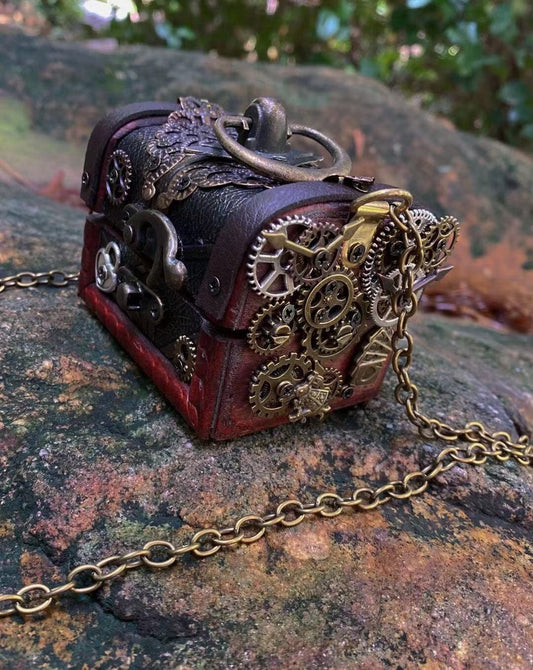 Steampunk handmade solid wood crossbody mini bag wine color