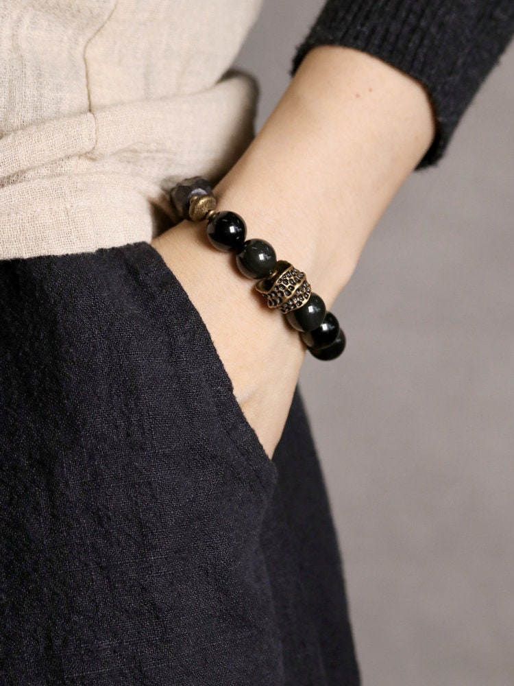 Natural Black Sandalwood Obsidian Retro Brass Tibetan Bracelet