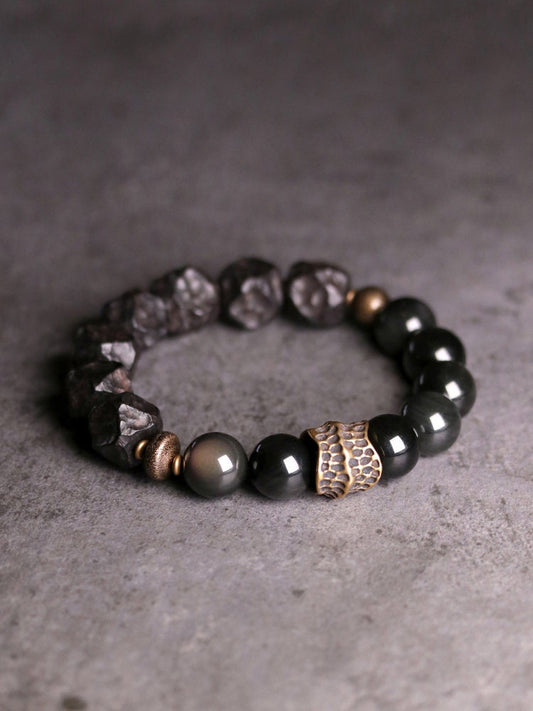 Natural Black Sandalwood Obsidian Retro Brass Tibetan Bracelet