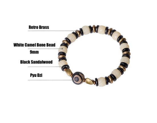 Tibetan Pyu Dzi Bracelet with White Camel Bone Bead Black Sandalwood and Retro Brass