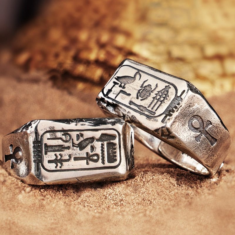 S925 Silver Gold Ring Ancient Craft Ring Egyptian Gods Eyes Of Horus and Anubis Adjustable Size