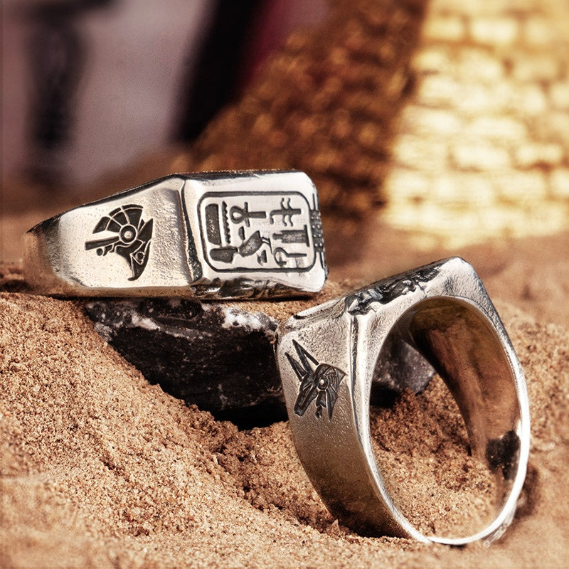 S925 Silver Gold Ring Ancient Craft Ring Egyptian Gods Eyes Of Horus and Anubis Adjustable Size