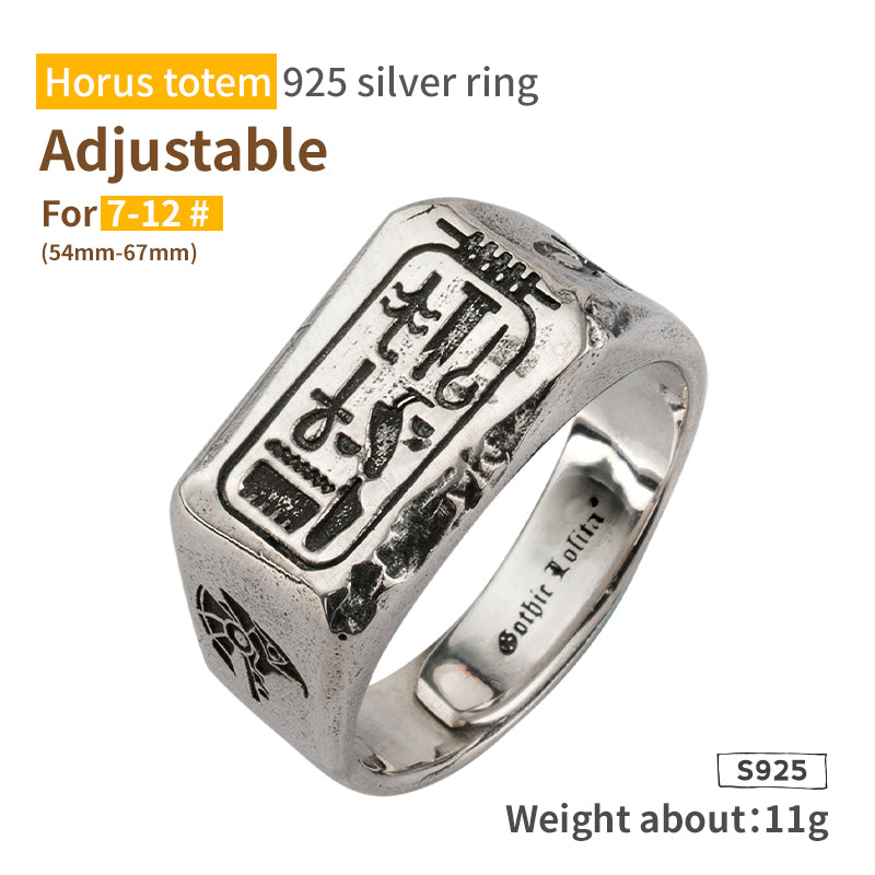 S925 Silver Gold Ring Ancient Craft Ring Egyptian Gods Eyes Of Horus and Anubis Adjustable Size