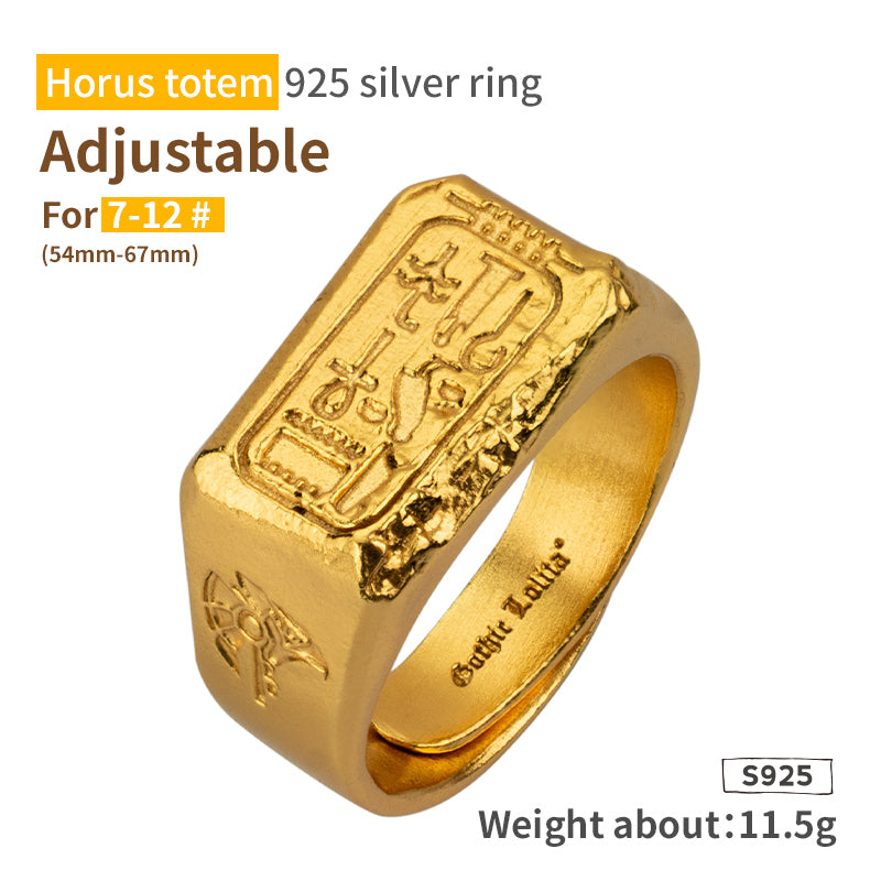 S925 Silver Gold Ring Ancient Craft Ring Egyptian Gods Eyes Of Horus and Anubis Adjustable Size