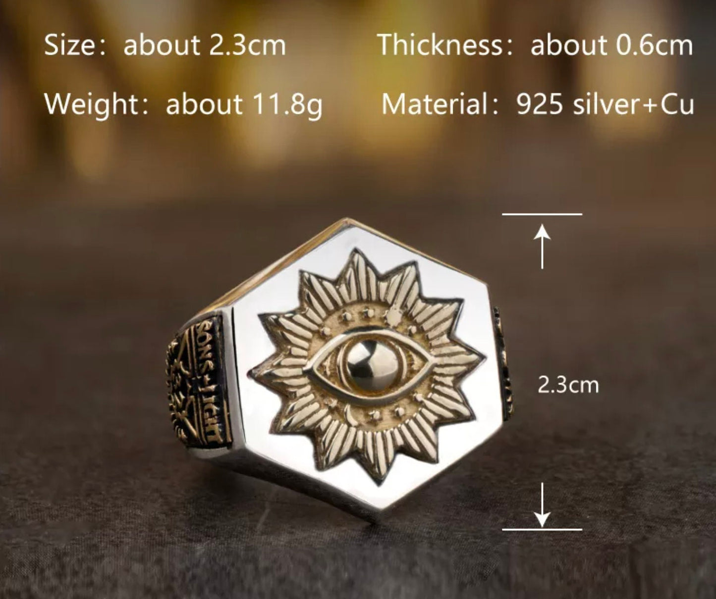 Custom Masonic Ring Freemason Silver 925 with 18k-Gold-Plated Symbols Adjustable band