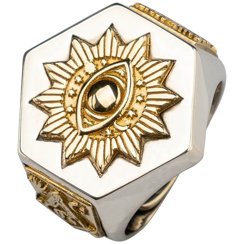 Custom Masonic Ring Freemason Silver 925 with 18k-Gold-Plated Symbols Adjustable band