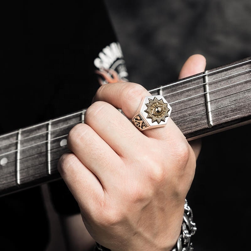 Custom Masonic Ring Freemason Silver 925 with 18k-Gold-Plated Symbols Adjustable band