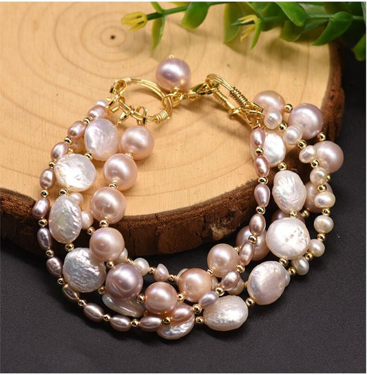 Natural Freshwater Pearl 4-layer Bracelet with 18K Gold Plated Strand