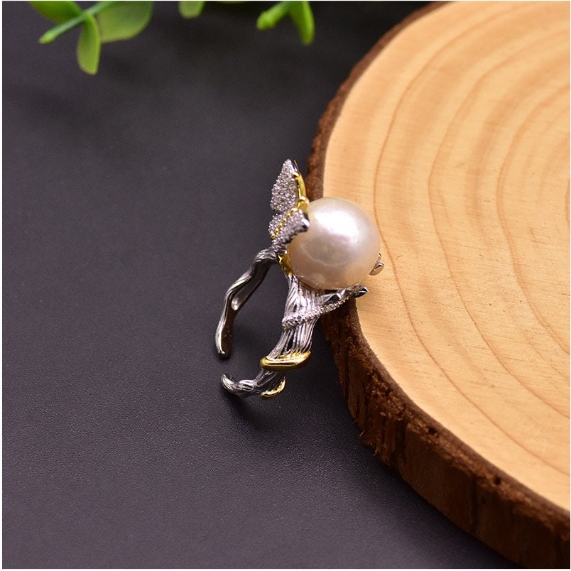 Natural Fresh Water White Pearls Butterfly Ring made with 925 Sterling Silver 18K Gold