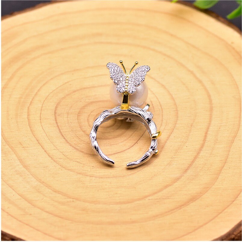 Natural Fresh Water White Pearls Butterfly Ring made with 925 Sterling Silver 18K Gold