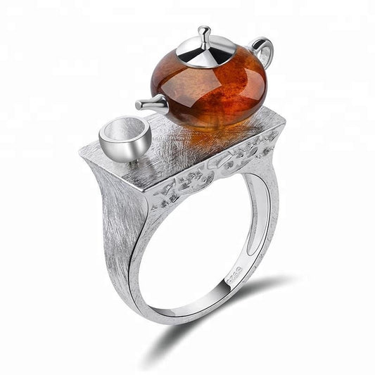 Vintage design 925 silver Cute Teapot amber gemstone ring