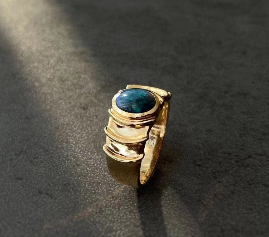 Ring of Poseidon 18K Solid Gold ring with Black Opal